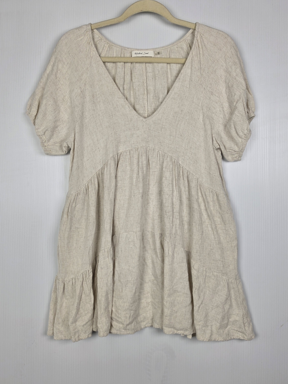 Mustard Seed Natural Hemp V-Neck Babydoll Mini Dress